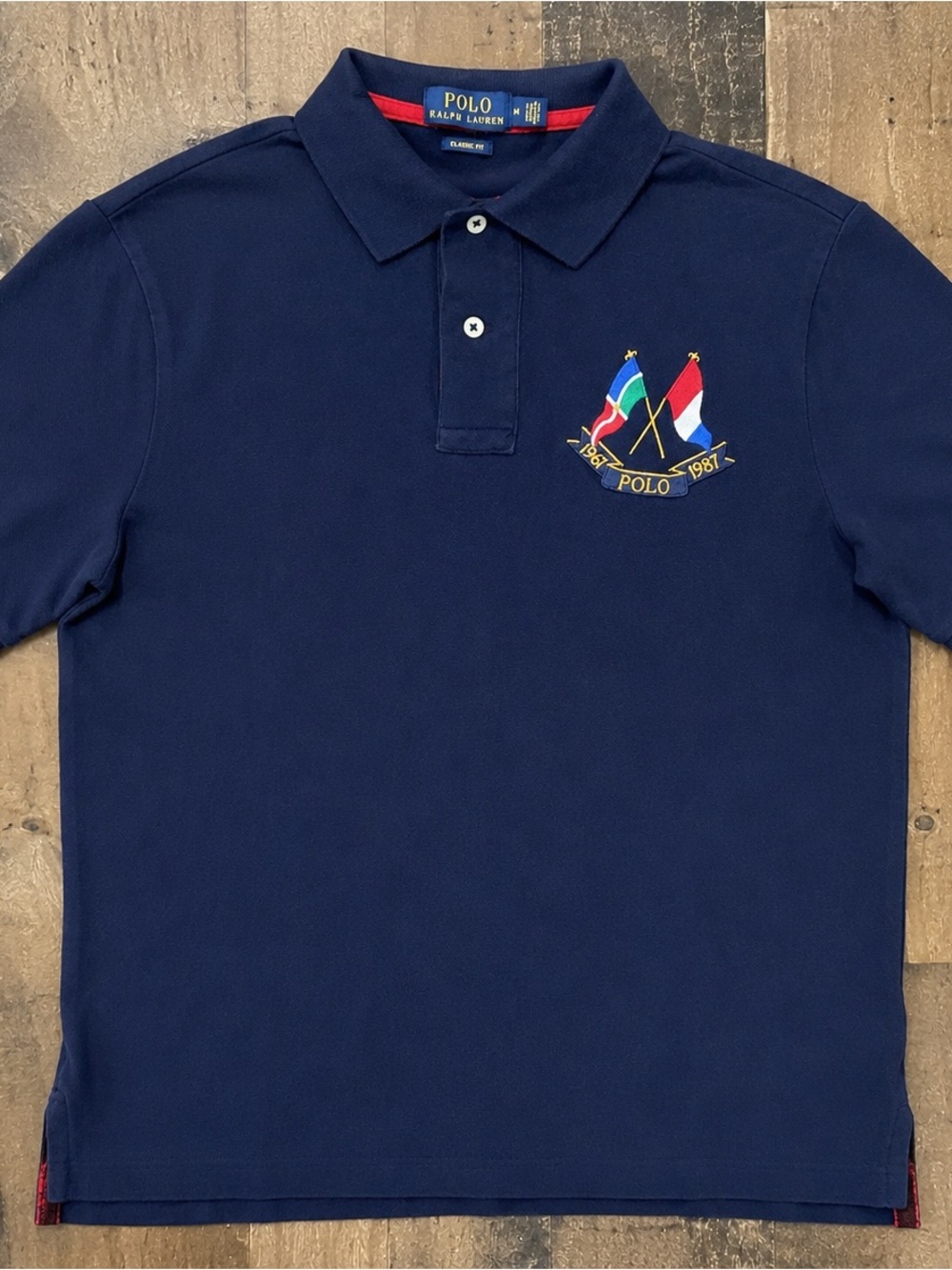 Polo by Ralph Lauren Navy Short-Sleeve Polo with Embroidered Flag Crest Medium
